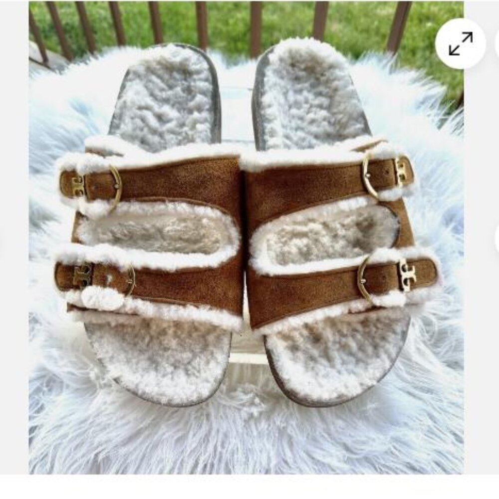 Tory Burch Anatomic Shearling Slides US 10 Sherpa 2 Strap Sandals Luxury